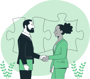 Ilustrasi kerja sama partner dan klien dalam program IB